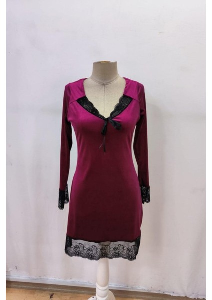 V Yaka Dantel Detaylı Mini Kadife Elbise - Bordo fırsatları
