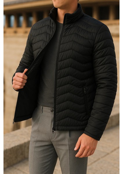 Erkek Günlük Astarlı Siyah Şişme Mont