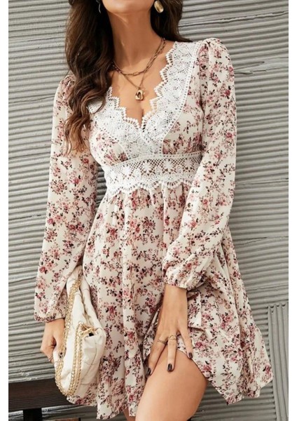 V Yaka Dantelli Mini Süprem Elbise - Pembe fiyatları