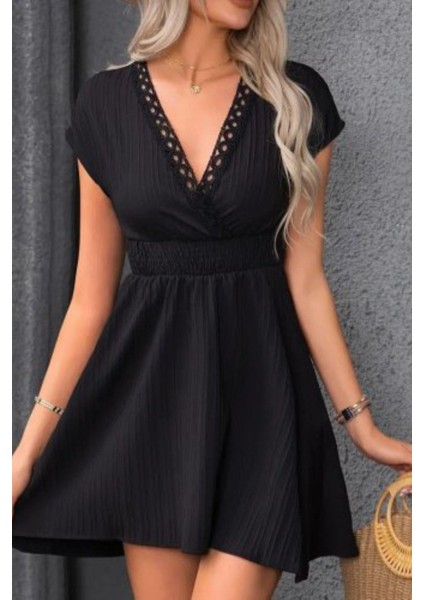 Kruvaze Yaka Beli Lastikli Mini Bürümcük Elbise - Siyah