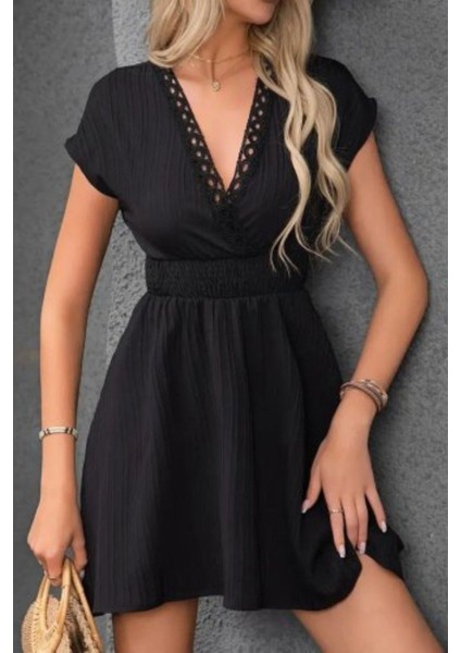 Kruvaze Yaka Beli Lastikli Mini Bürümcük Elbise - Siyah fiyatları