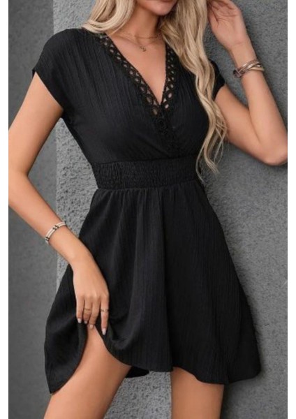 Kruvaze Yaka Beli Lastikli Mini Bürümcük Elbise - Siyah modelleri