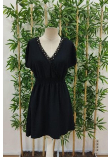 Kruvaze Yaka Beli Lastikli Mini Bürümcük Elbise - Siyah fırsatları