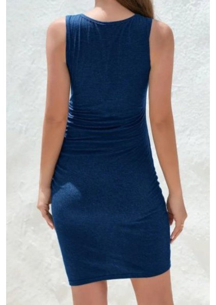 Yan Büzgülü Drapeli Kolsuz Viskon Elbise - Indigo fırsatları