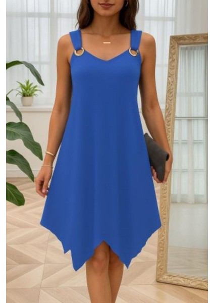 Kuş Gözü Detaylı Asimetrik Kesim Viskon Elbise - Mavi