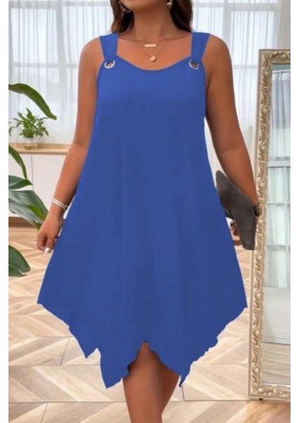 Kuş Gözü Detaylı Asimetrik Kesim Viskon Elbise - Mavi modelleri