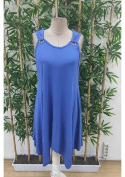 Kuş Gözü Detaylı Asimetrik Kesim Viskon Elbise - Mavi fırsatları