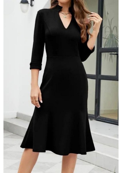 V Yaka Midi Ithal Krep Elbise - Siyah