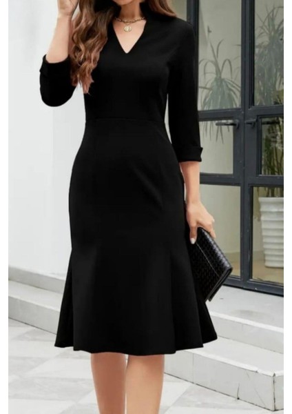 V Yaka Midi Ithal Krep Elbise - Siyah fiyatları