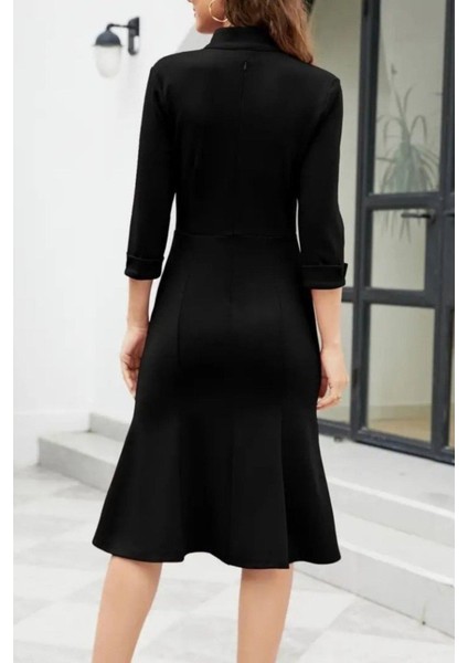 V Yaka Midi Ithal Krep Elbise - Siyah modelleri