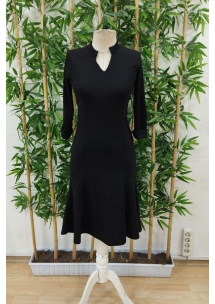 V Yaka Midi Ithal Krep Elbise - Siyah fırsatları