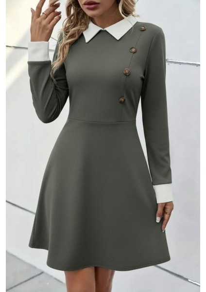 Düğmeli Yaka ve Kol Detaylı Kısa Modal Elbise - Yeşil