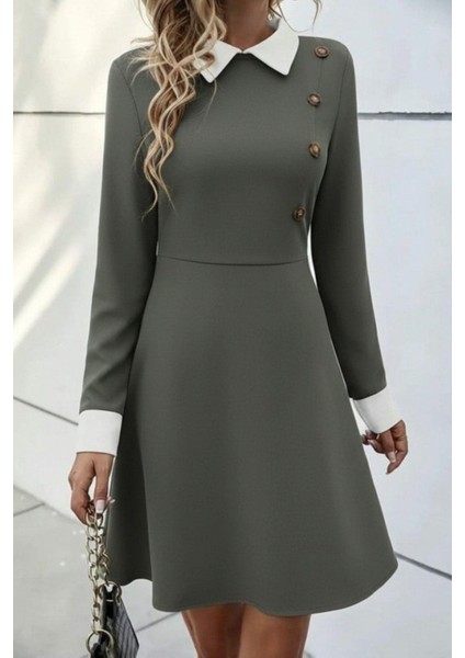 Düğmeli Yaka ve Kol Detaylı Kısa Modal Elbise - Yeşil modelleri