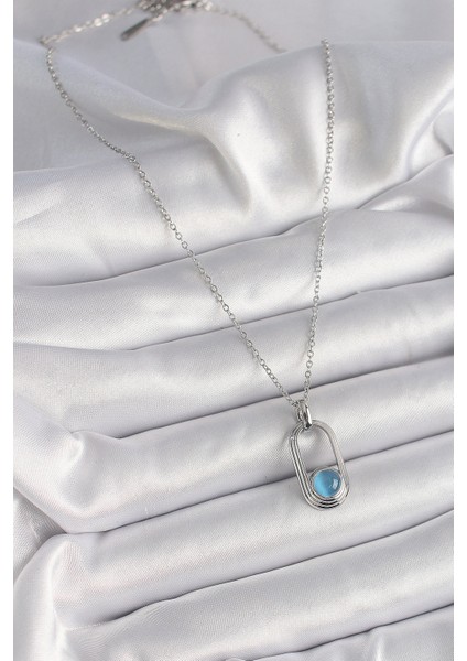 316L Çelik Gümüş Renk Zincir Mavi Kedi Göz Model Kadın Kolye fiyatları