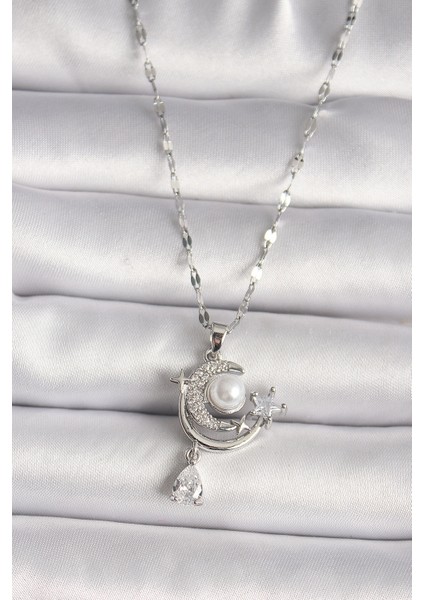 316L Çelik Gümüş Renk Zirkon Taşlı Ay Yıldız Sallantı Detay Kadın Kolye