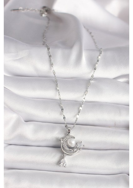 316L Çelik Gümüş Renk Zirkon Taşlı Ay Yıldız Sallantı Detay Kadın Kolye fiyatları