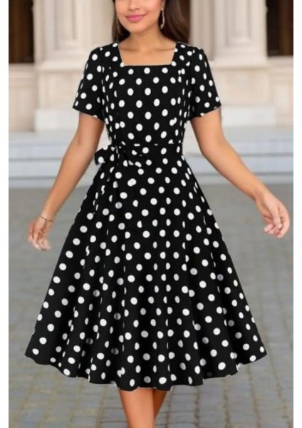 Puantiye Desenli Kuşaklı Midi Süprem Elbise - Puantiyeli