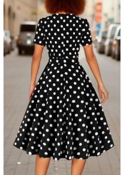 Puantiye Desenli Kuşaklı Midi Süprem Elbise - Puantiyeli fiyatları