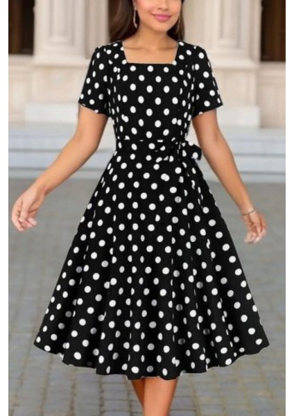 Puantiye Desenli Kuşaklı Midi Süprem Elbise - Puantiyeli modelleri