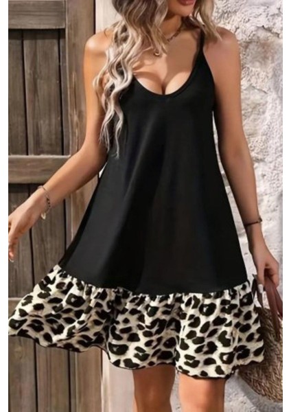 Ince Askılı Leopar Desenli Fırfırlı Mini Elbise - Siyah