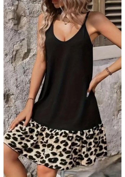 Ince Askılı Leopar Desenli Fırfırlı Mini Elbise - Siyah fiyatları