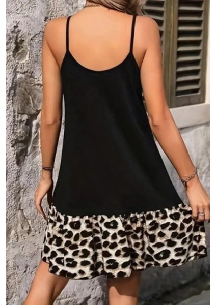 Ince Askılı Leopar Desenli Fırfırlı Mini Elbise - Siyah modelleri