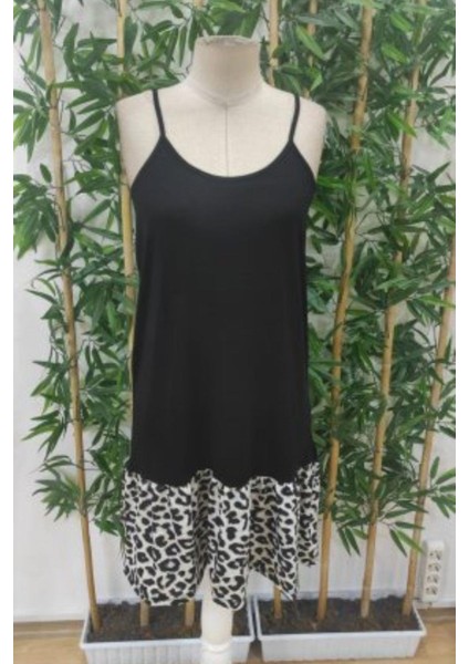 Ince Askılı Leopar Desenli Fırfırlı Mini Elbise - Siyah fırsatları