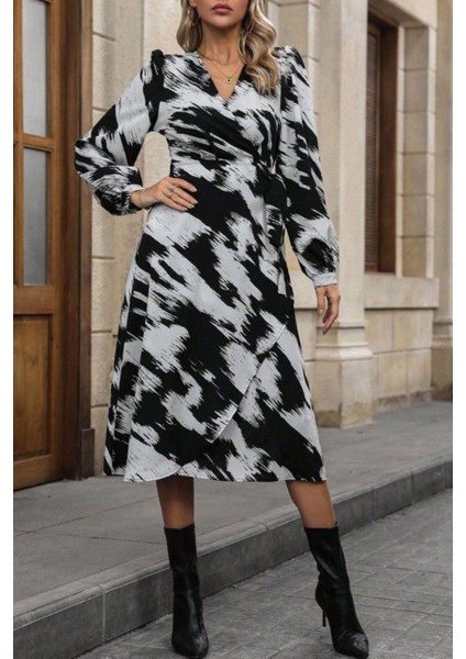 Kruvaze Yaka Yandan Bağlamalı Desenli Modal Elbise - Siyah