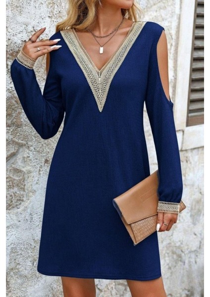 Omuz Açık V Yaka Dantelli Uzun Kol Waffle Mini Elbise - Lacivert fiyatları