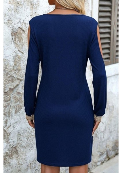 Omuz Açık V Yaka Dantelli Uzun Kol Waffle Mini Elbise - Lacivert modelleri