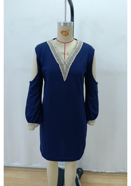 Omuz Açık V Yaka Dantelli Uzun Kol Waffle Mini Elbise - Lacivert fırsatları