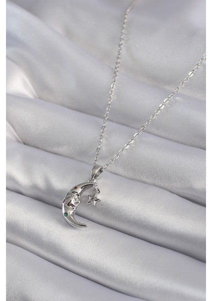 316L Çelik Gümüş Renk Zirkon Taşlı Ay Yıldız Model Kadın Kolye fiyatları