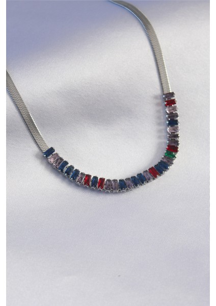 316L Çelik Gümüş Renk Italyan Zincir Model Renkli Zirkon Taşlı Kadın Kolye