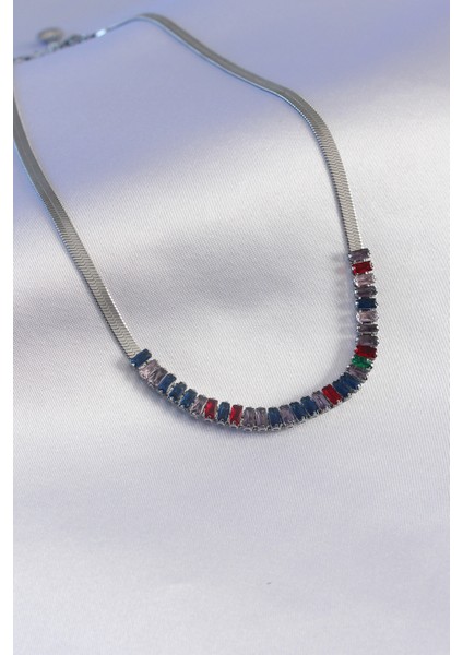 316L Çelik Gümüş Renk Italyan Zincir Model Renkli Zirkon Taşlı Kadın Kolye fiyatları