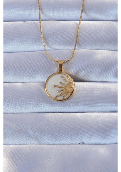 316L Altın Renk Mineli Parlayan Güneş Kolye