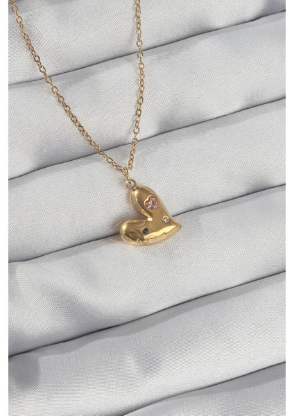 316L Çelik Zincir Gold Renk Renkli Zirkon Taşlı Kalp Kolye