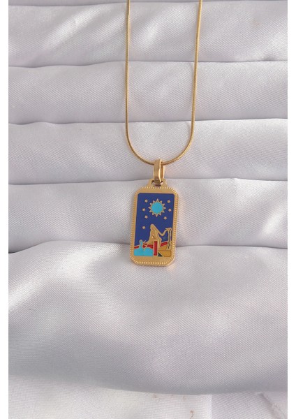 316L Çelik Gold Renk Mavi Mineli Kız Figür Tarot Kolye