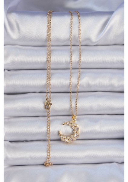 316L Çelik Zincir Altın Renk Zirkon Taşlı Ay Kolye fiyatları