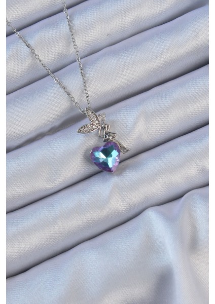 316L Çelik Zincir Gümüş Renk Mor Mavi Renk Zirkon Taşlı Kalp Detay Peri Kolye