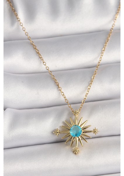 316L Çelik Gold Renk Zincir Mavi Taş Detaylı Kuzey Yıldız Model Kadın Kolye