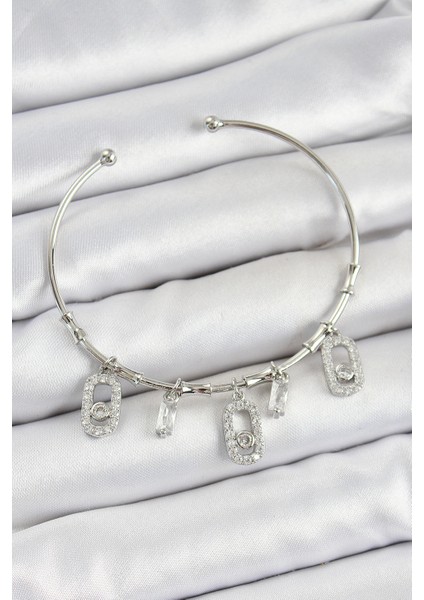 Pirinç Zirkon Taşlı Dikdörtgen Model Gümüş Renk Charm Bileklik