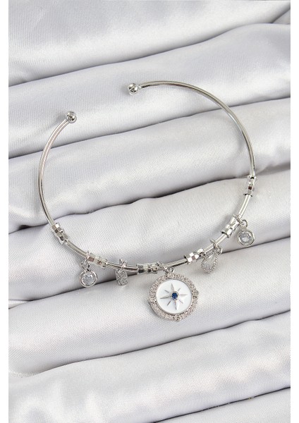 Pirinç Zirkon Taşlı Pusula Model Gümüş Renk Charm Bileklik