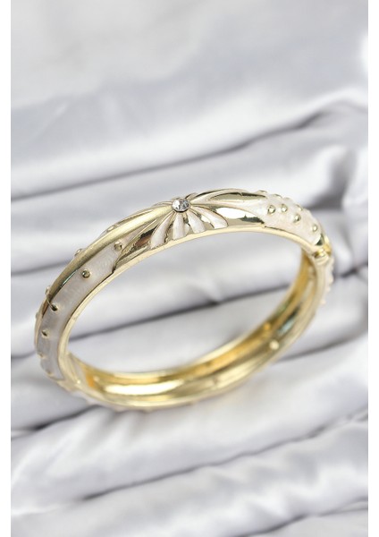 Mineli Pirinç Zirkon Taşlı Bej Desen Motifli Gold Kadın Kelepçe