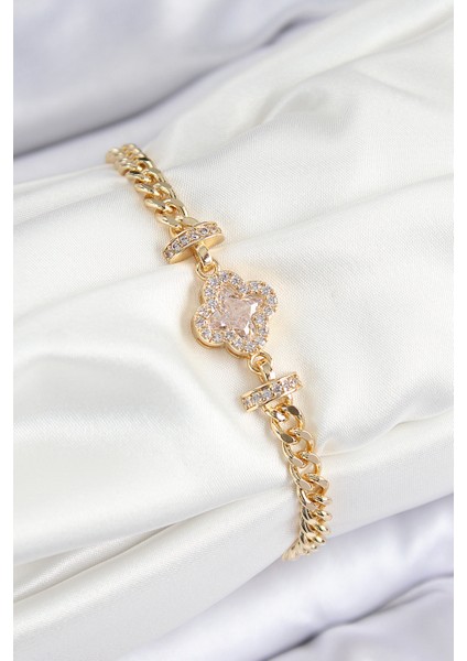 Pirinç Zirkon Taşlı Yonca Model Gold Renk Kadın Bileklik
