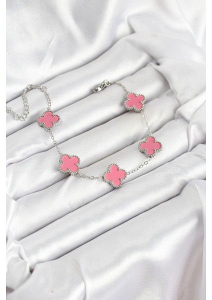 316L Çelik Gümüş Zincir Pembe Renk Yonca Bileklik fiyatları