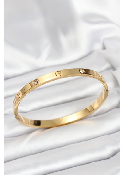 316L Çelik Gold Renk Zirkon Taşlı 65 mm Kadın Kelepçe Bileklik