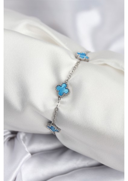 316L Çelik Gümüş Renk Buz Mavisi Baby Boy Yonca Kadın Bileklik