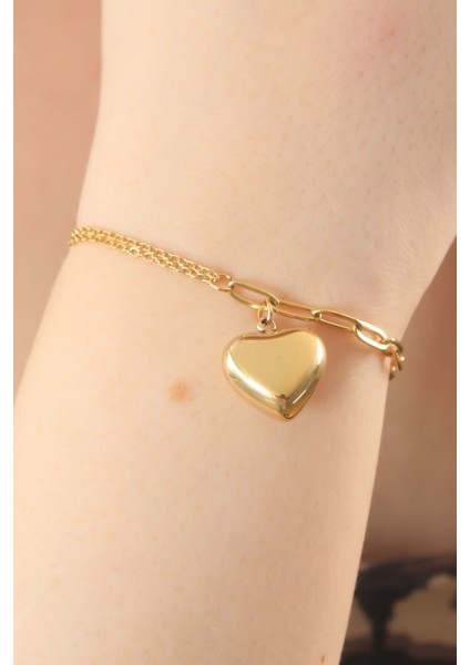 316L Çelik Gold Renk Zincir Model Kalp Figür Kadın Bileklik