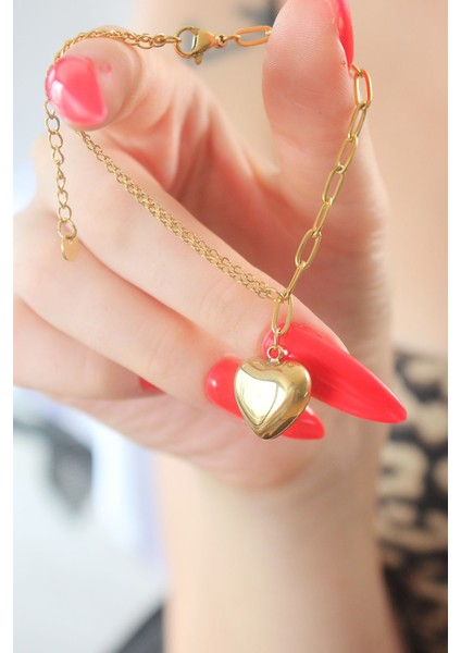 316L Çelik Gold Renk Zincir Model Kalp Figür Kadın Bileklik fiyatları