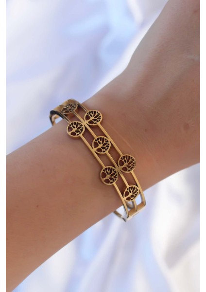 316L Çelik Altın Renk Minimal Yaşam Ağacı Tasarımlı Kelepçe fiyatları